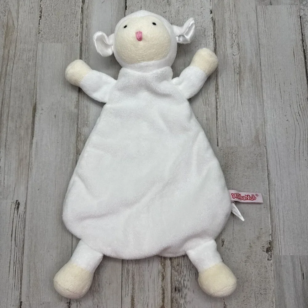 WubbaNub Lamb Secuity Lovey Blankey Rattle Plush White 14 x 8 Satin Ears